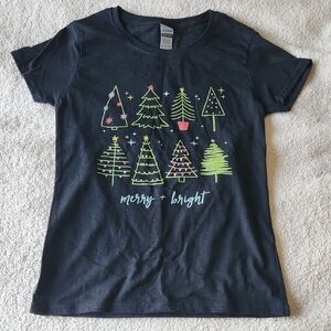 Christmas Screen Printed Black Festive Trees T-Shirt Merry And Bright Size Small